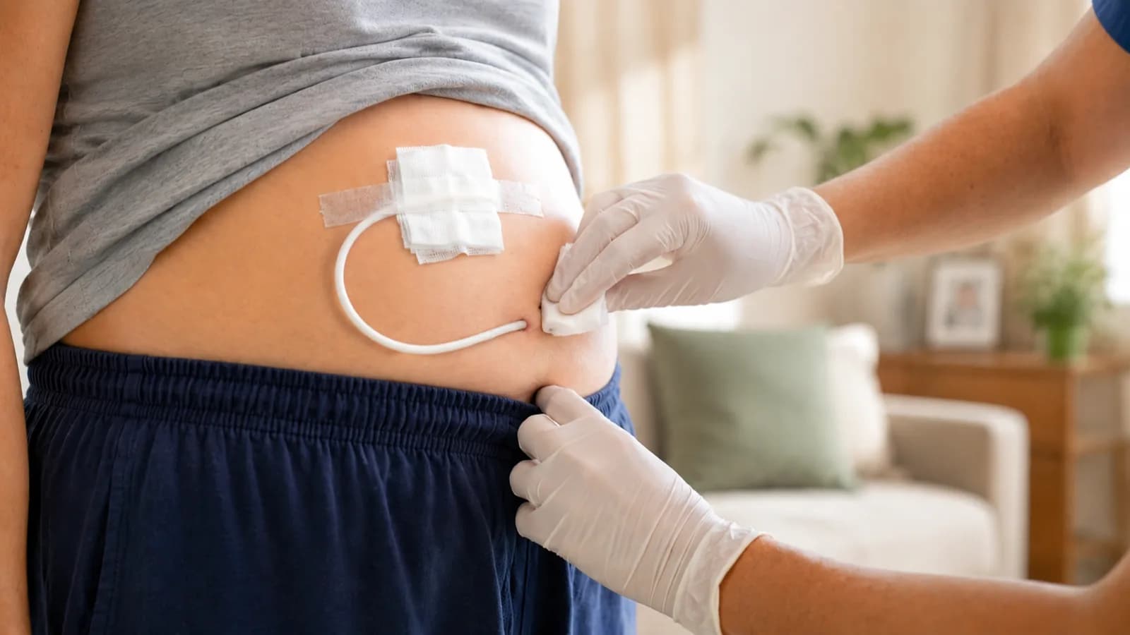 Soignante gantée soignant un cathéter de dialyse péritonéale à domicile