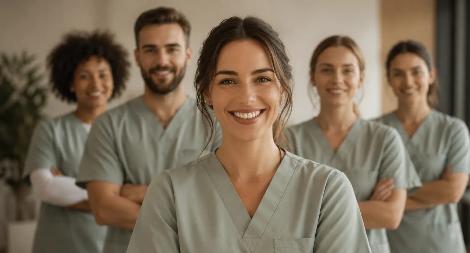 L'équipe soignante de Vitaloria, en tenue, souriante