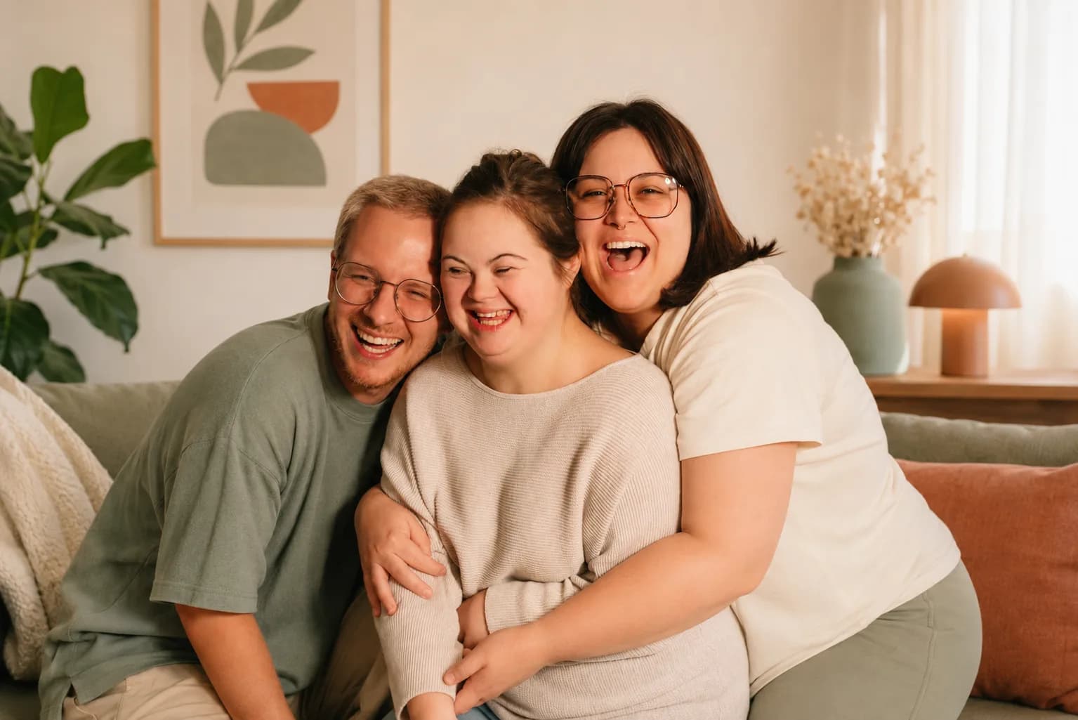Une famille réunie et souriante sur le canapé de leur salon